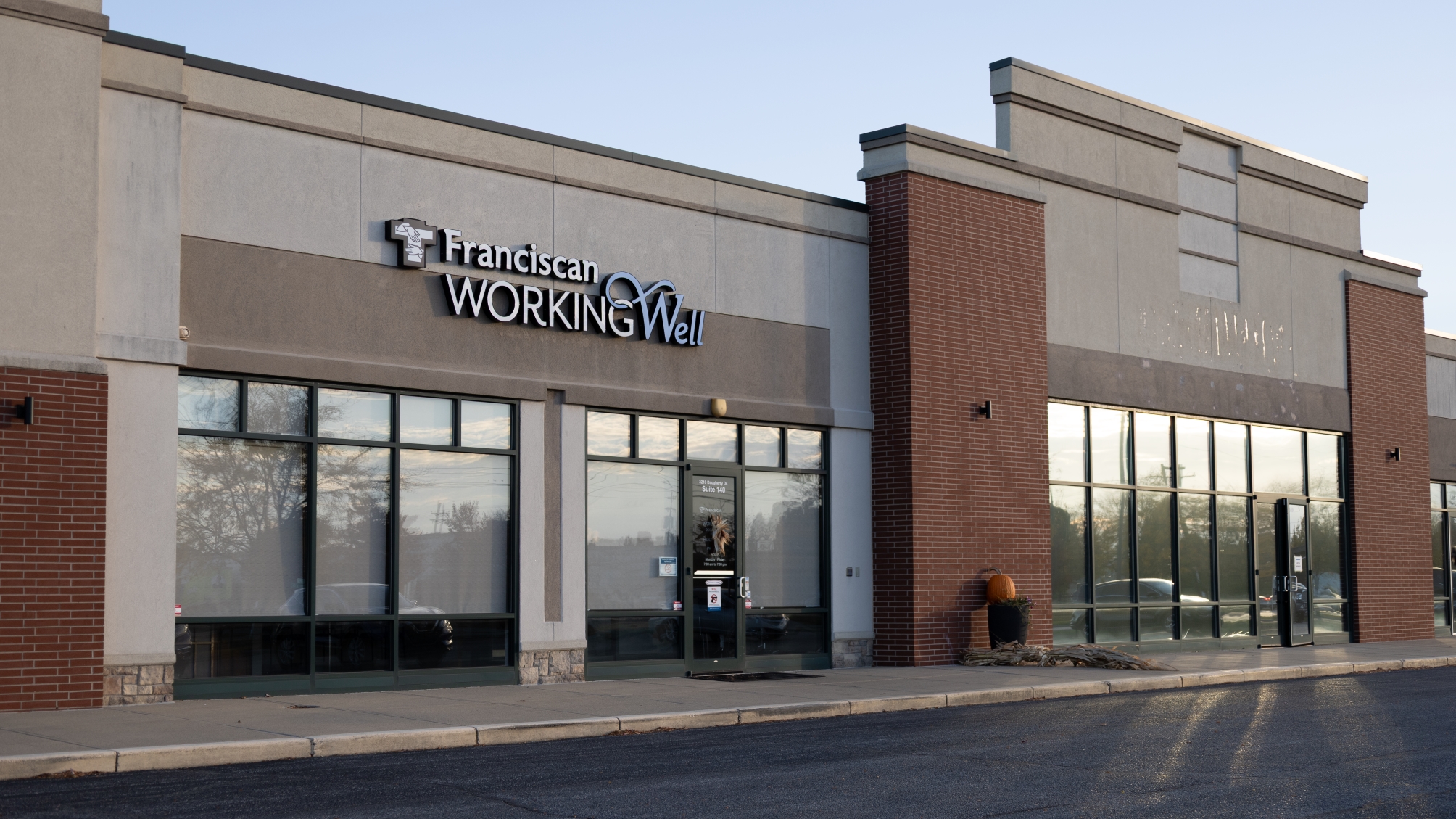 Exterior of the Franciscan WorkingWell clinic in Lafayette, Indiana, showing the building entrance and signage.